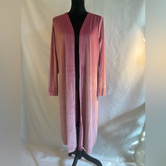 NEW bubblegum pink velvet open long duster cardigan kimono sweater minimalist M - Picture 1 of 9